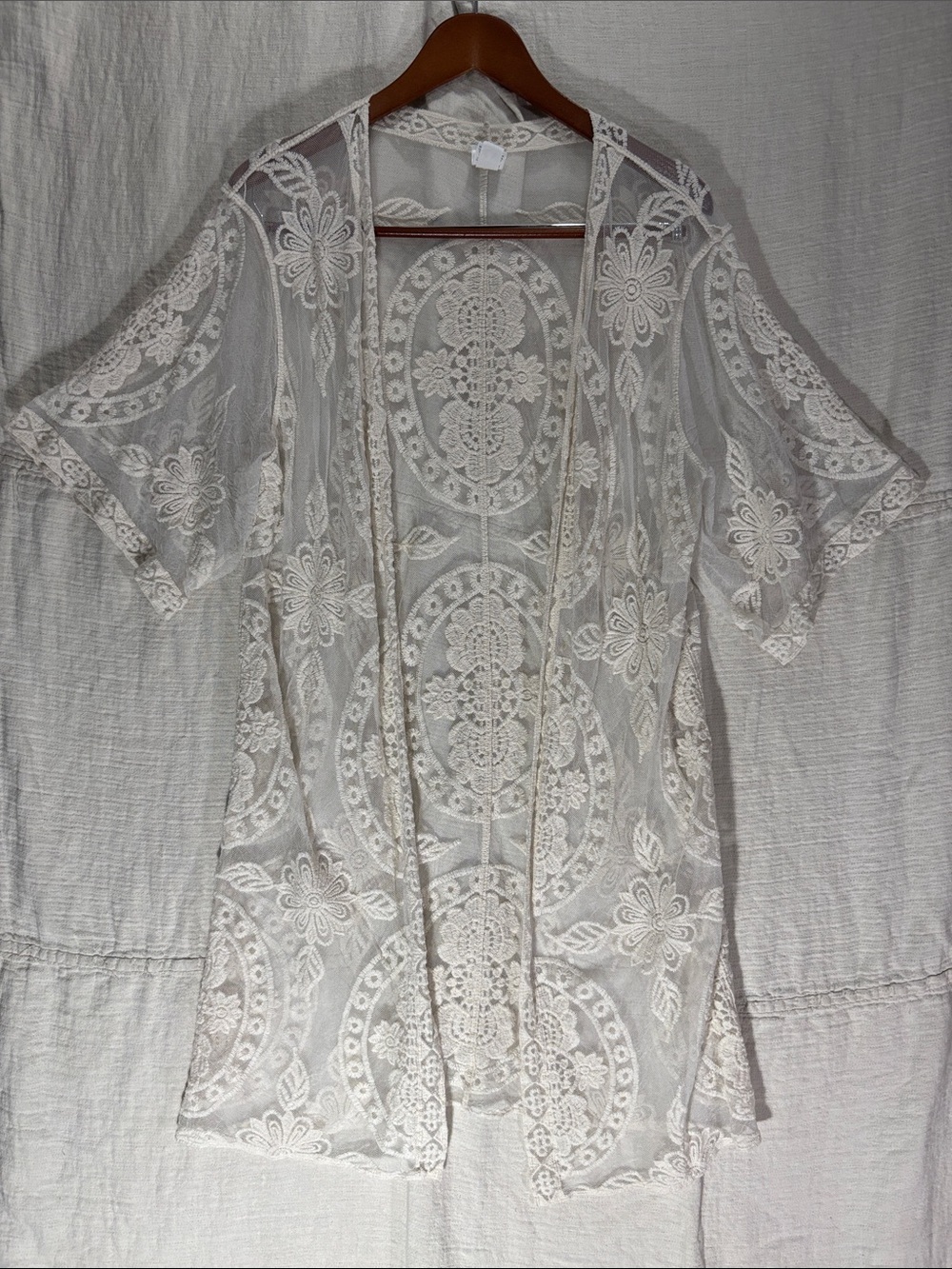 Time and Tru Boho Ivory Floral Lace Sheer Kimono Cardigan Duster L/XL